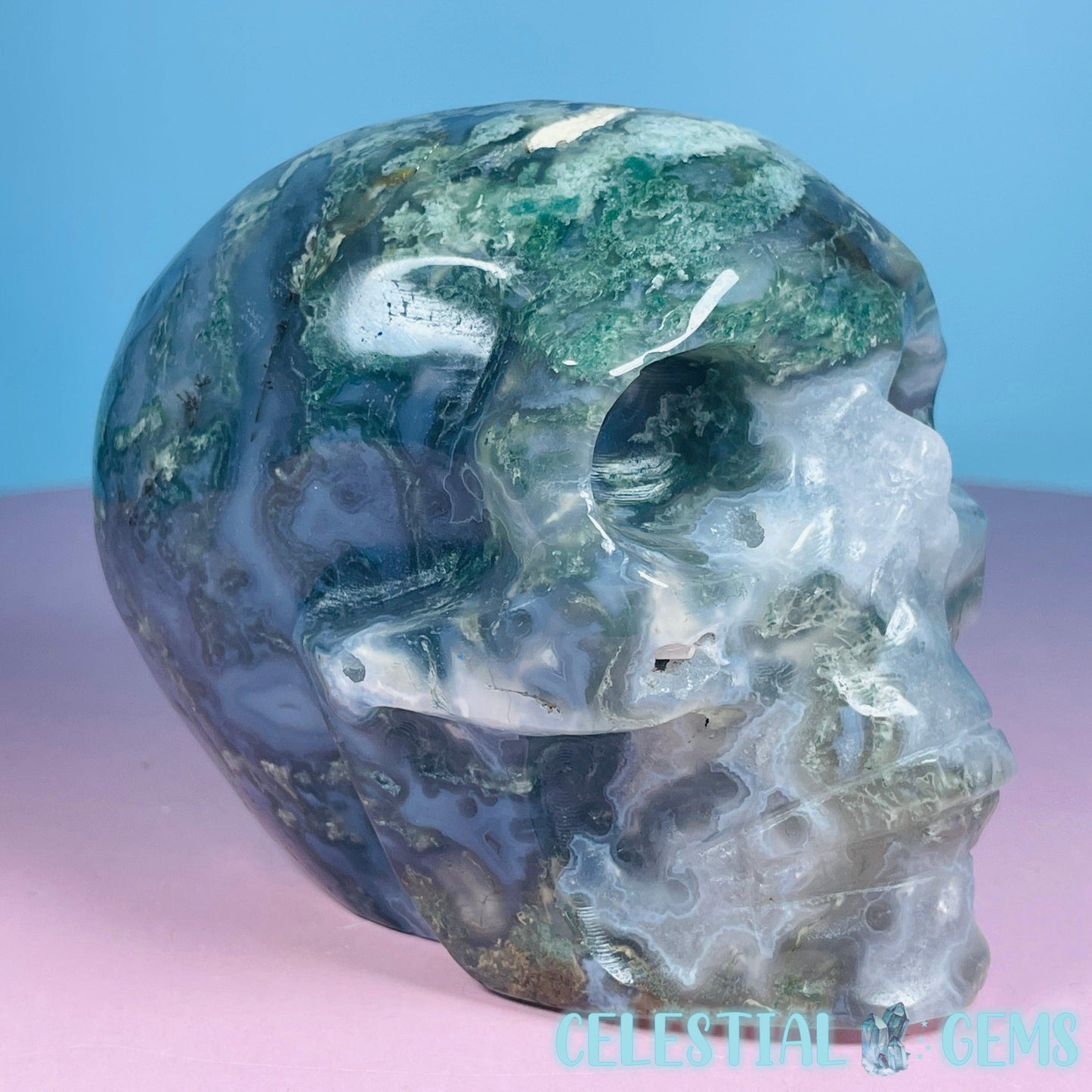 Moss Agate Skull Medium Carving