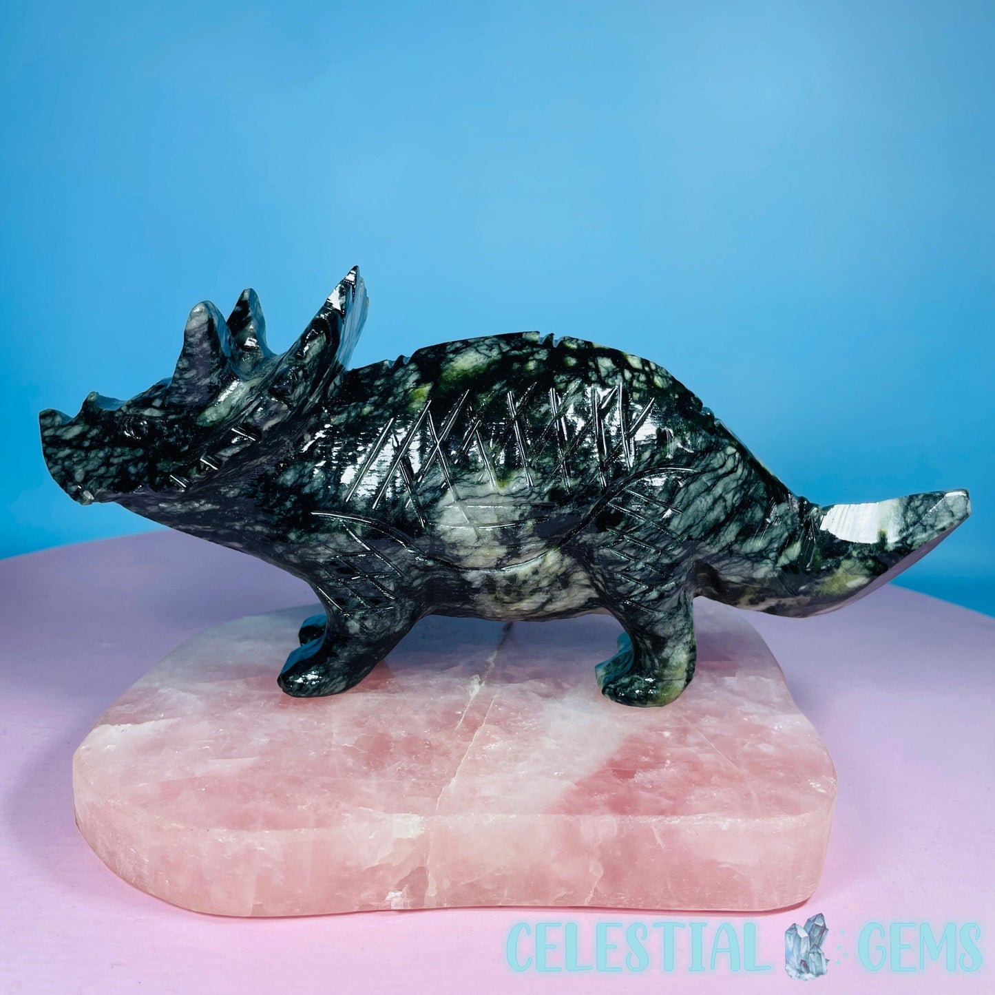 Dark Green Jade Triceratops Dinosaur Large Carving