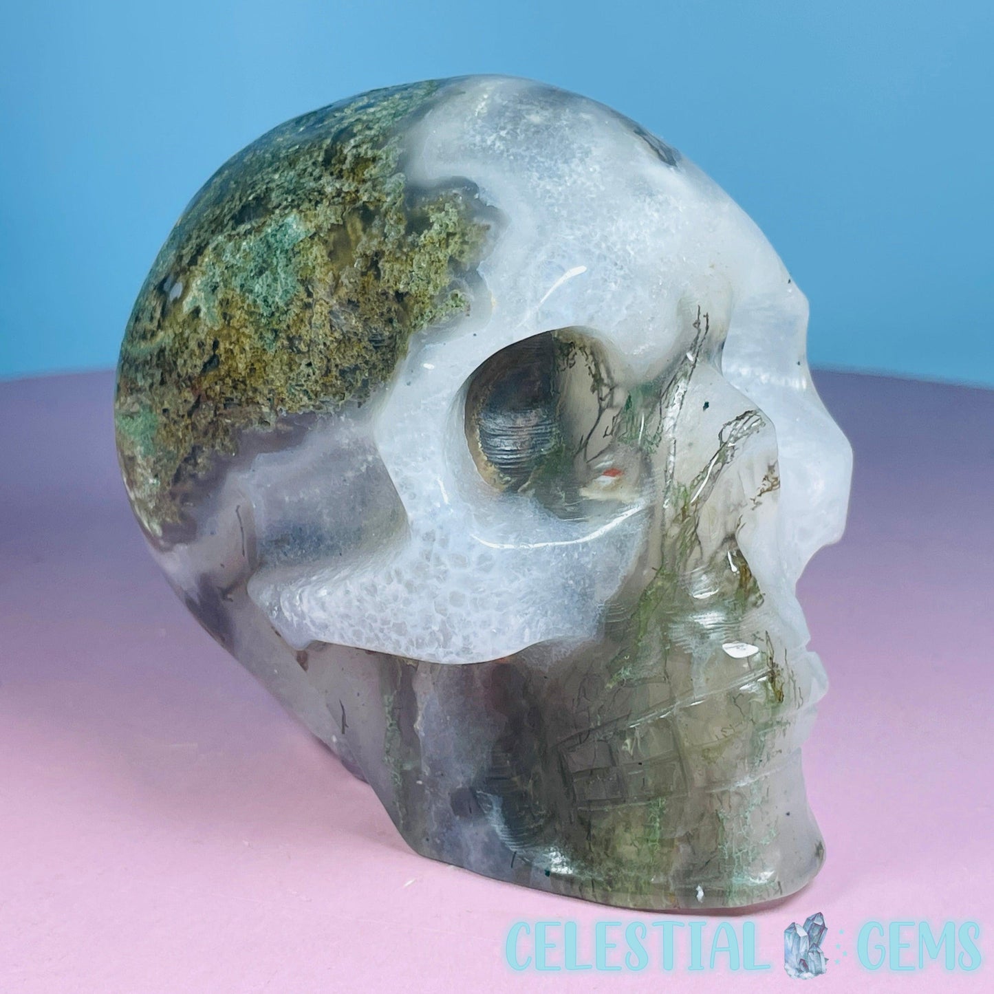 Moss Agate Skull Medium Carving