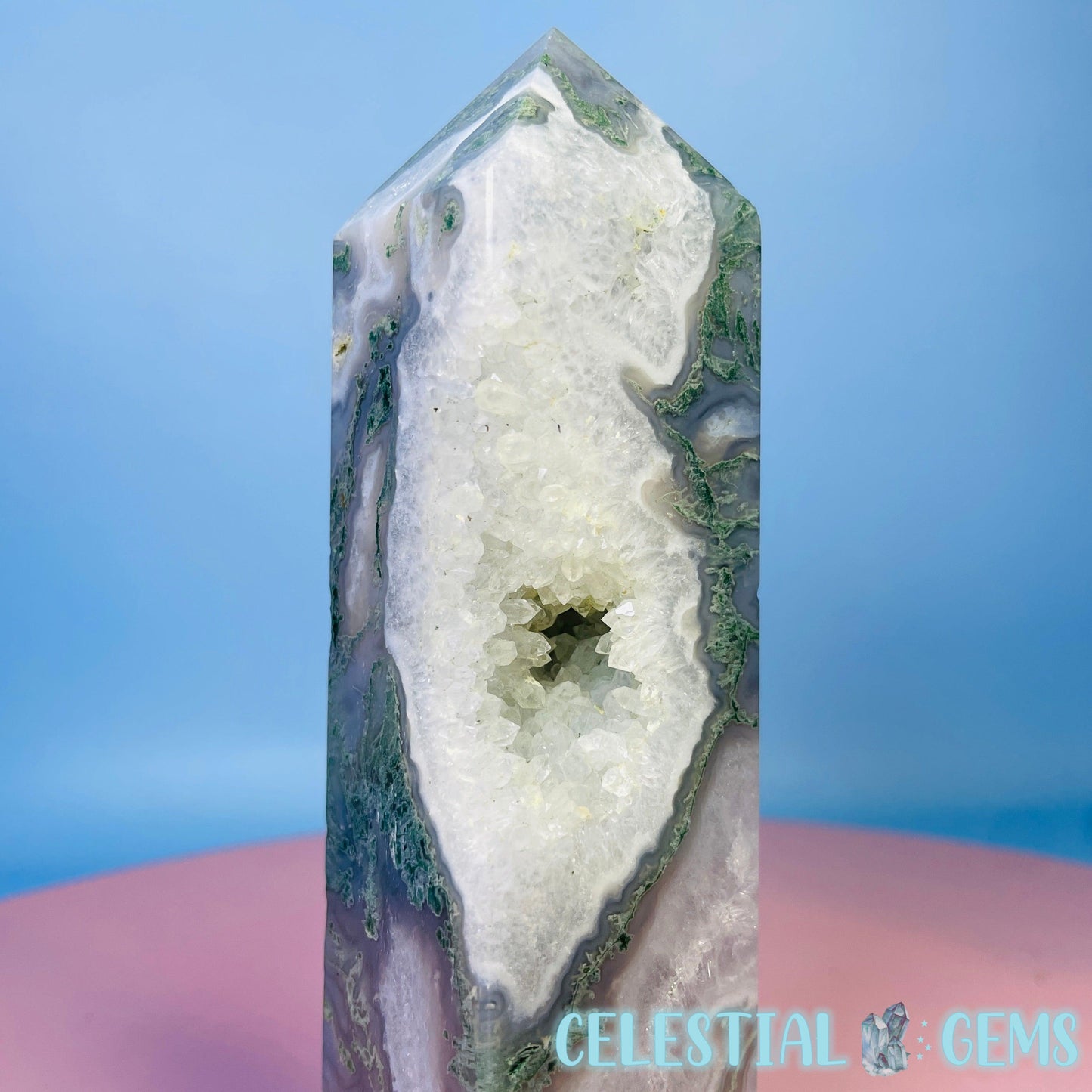 Druzy Moss Agate Obelisk Medium Chunky Tower