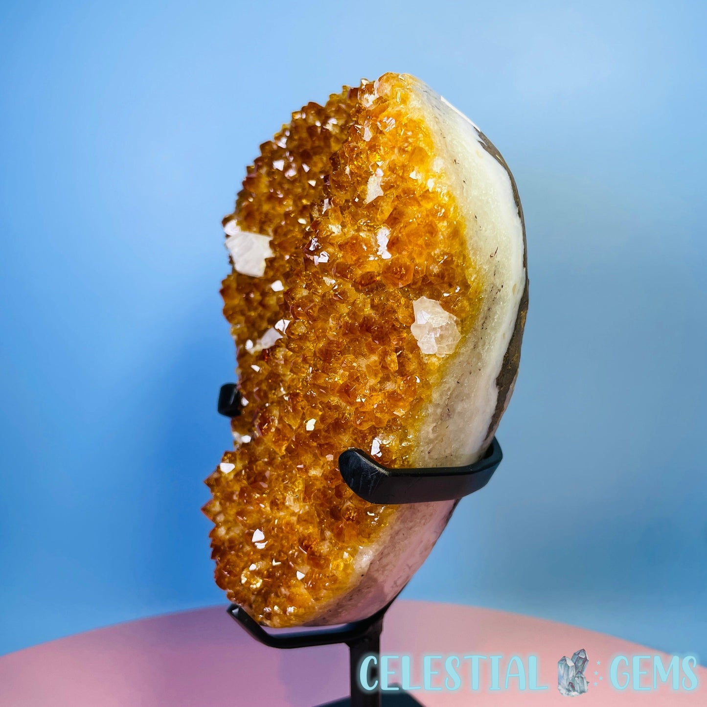 High Quality Citrine (HT) + Calcite Polished Large Cluster on Metal Stand