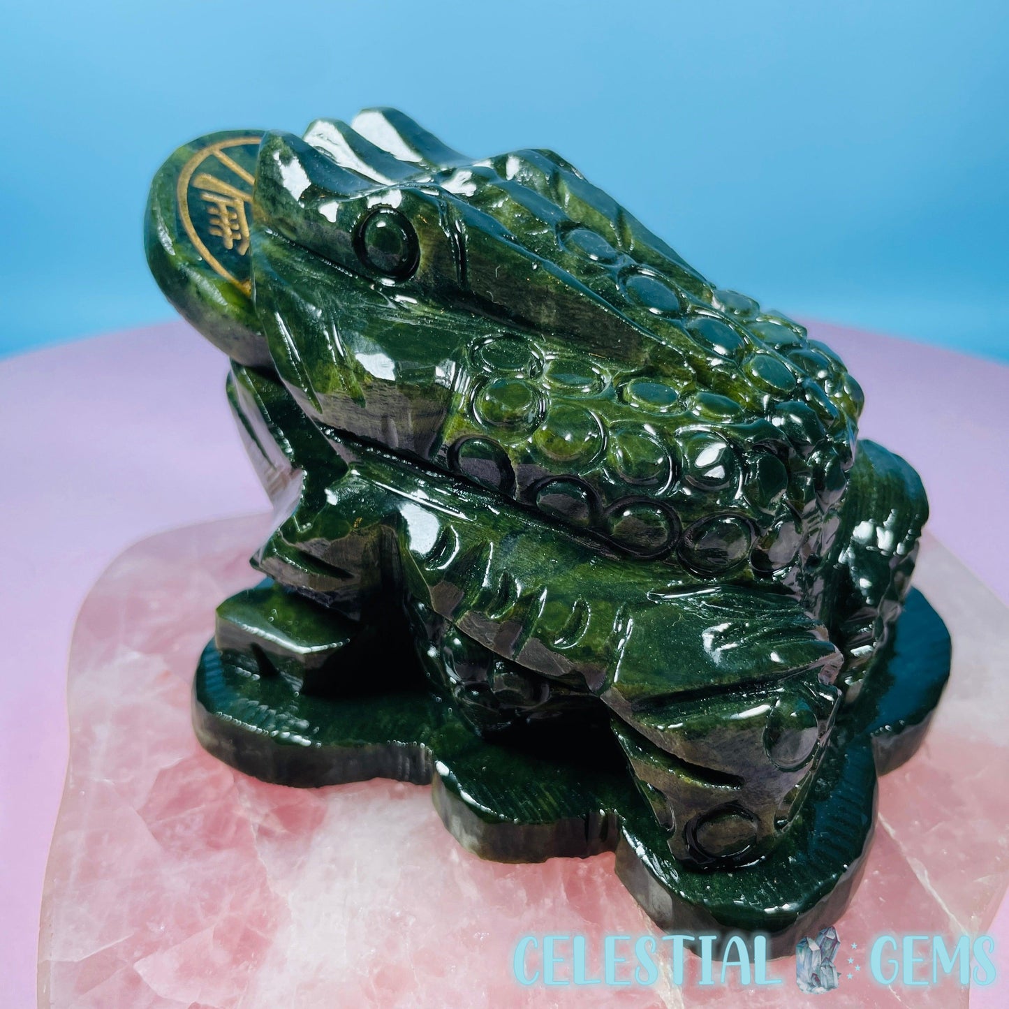 Green Jade Money Toad Frog Medium Carving (with Spinning Lucky Coin)