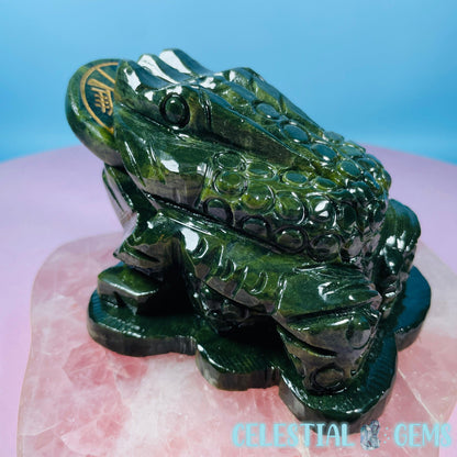 Green Jade Money Toad Frog Medium Carving (with Spinning Lucky Coin)