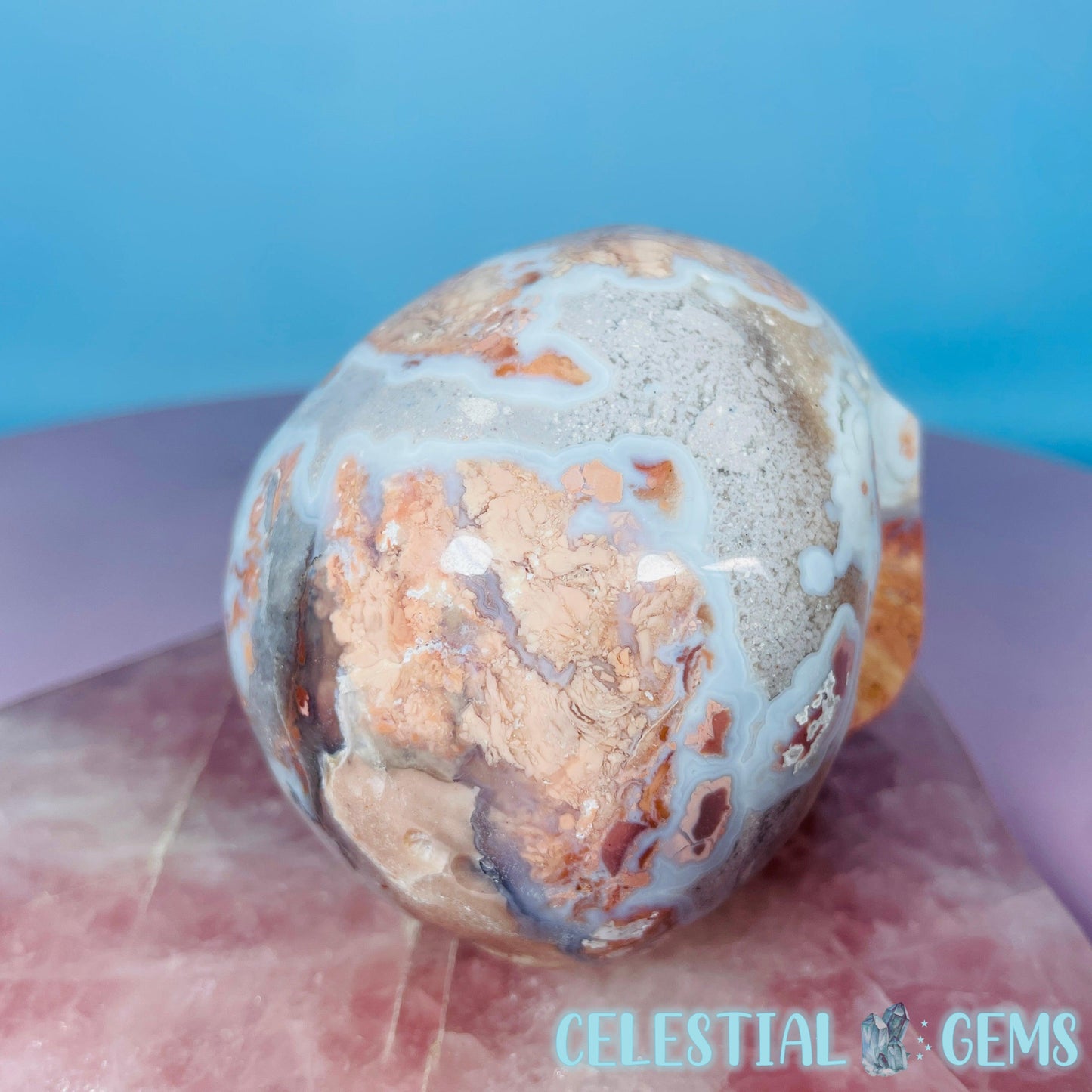 Pink Moss Agate Druzy Skull Medium Carving