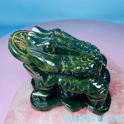 Green Jade Money Toad Frog Medium Carving (with Spinning Lucky Coin)