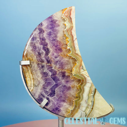 Amethyst + Mexican Crazy Lace Agate Moon Medium Carving on Metal Stand