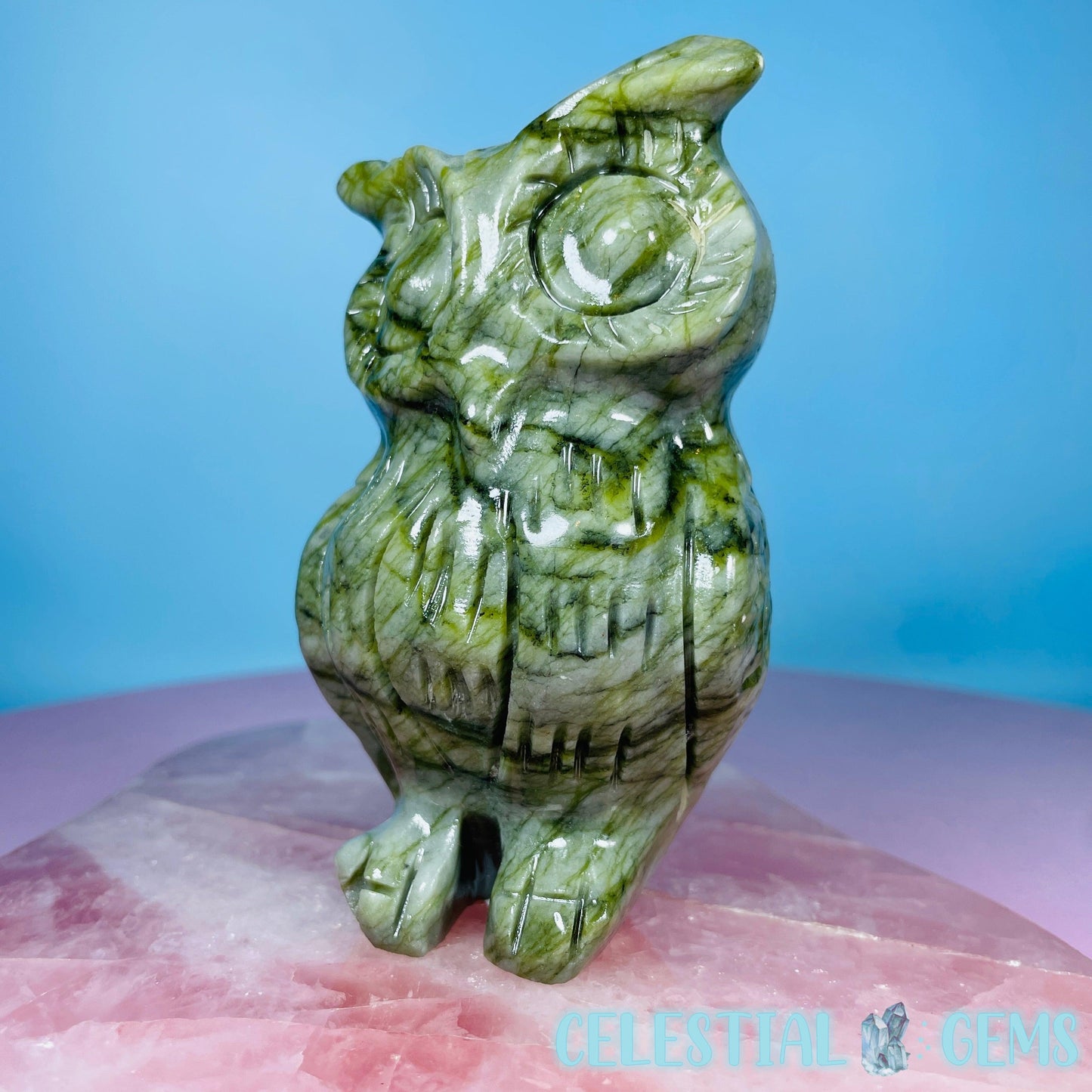 Green Jade Owl Bird Medium Carving