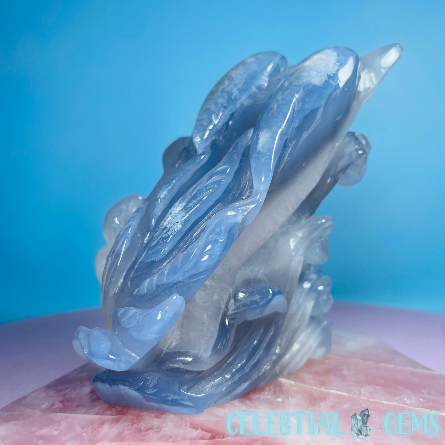 Blue Agate + Amethyst Triple Dolphin Large Carving