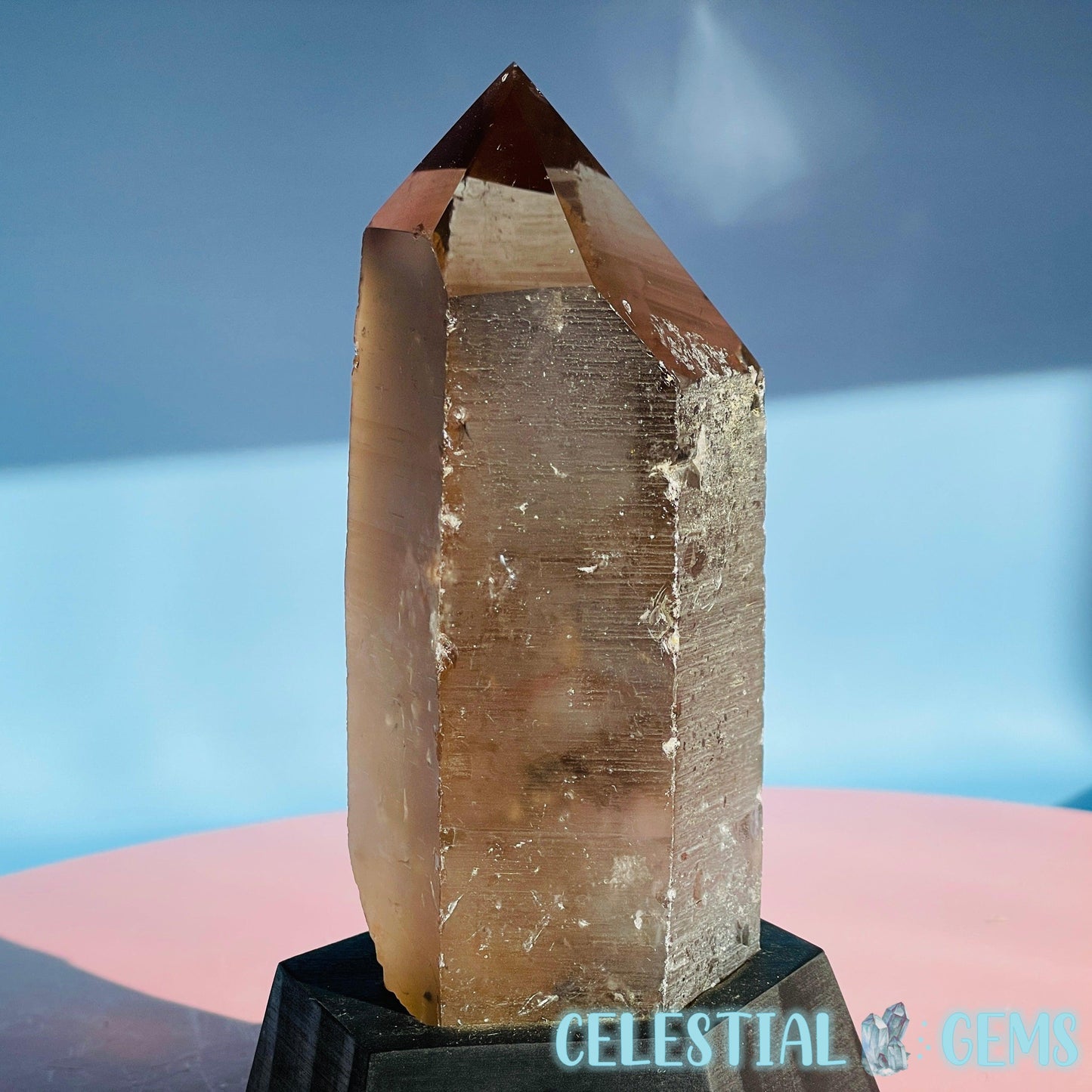 Smoky Quartz Natural Large Point in Wooden Stand Base (Video)