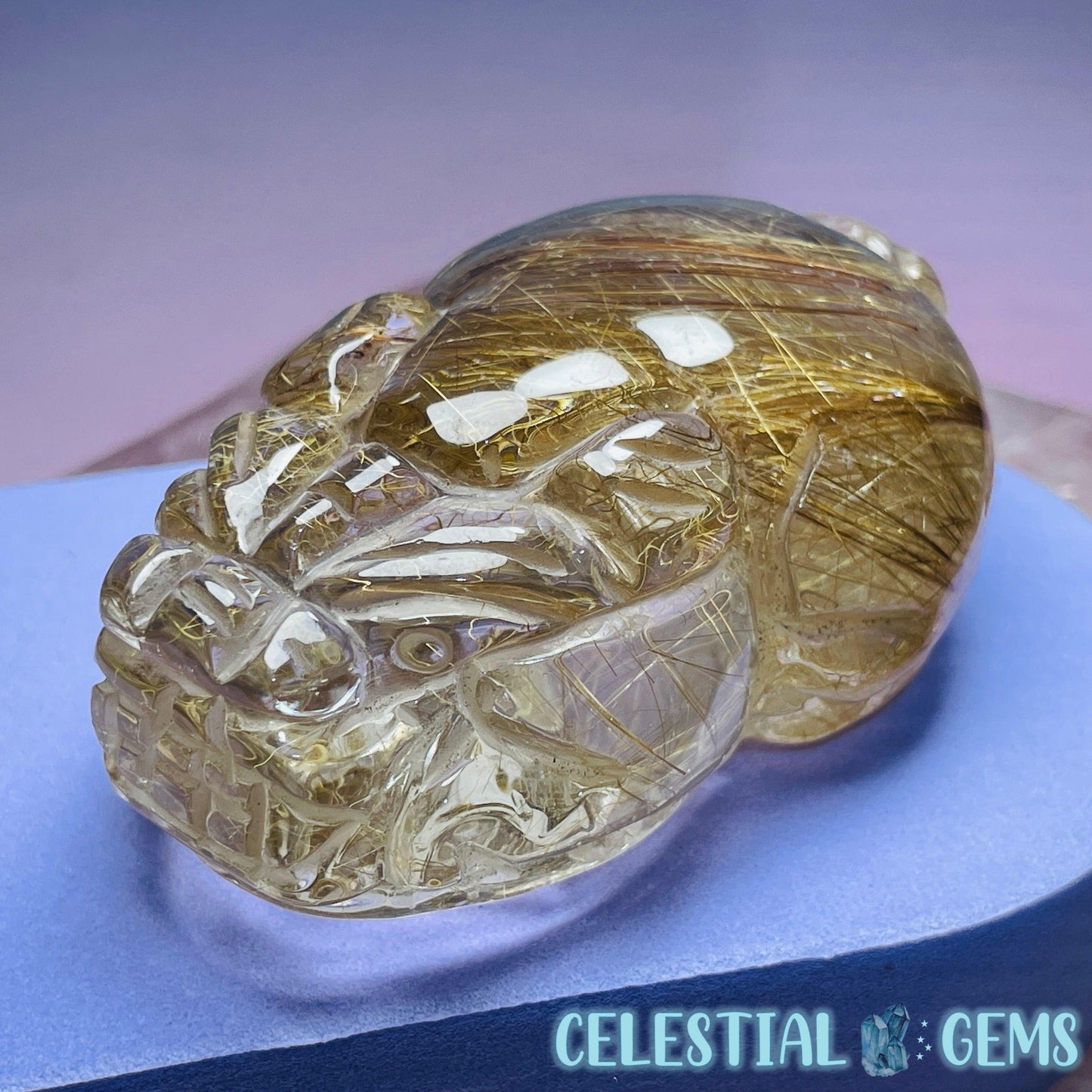 AAA Grade Gold Rutilated Quartz 'Pixiu' Dragon Frog Medium Carving (Video)