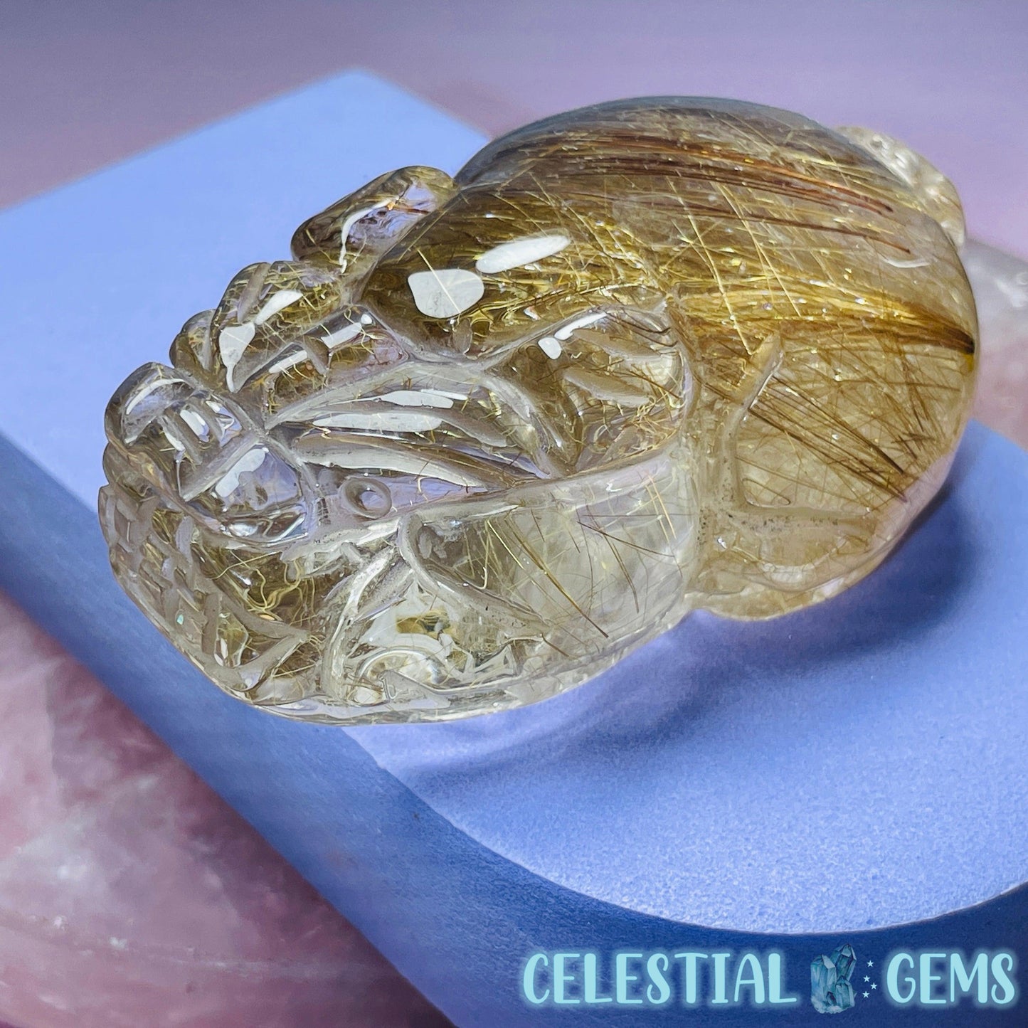 AAA Grade Gold Rutilated Quartz 'Pixiu' Dragon Frog Medium Carving (Video)