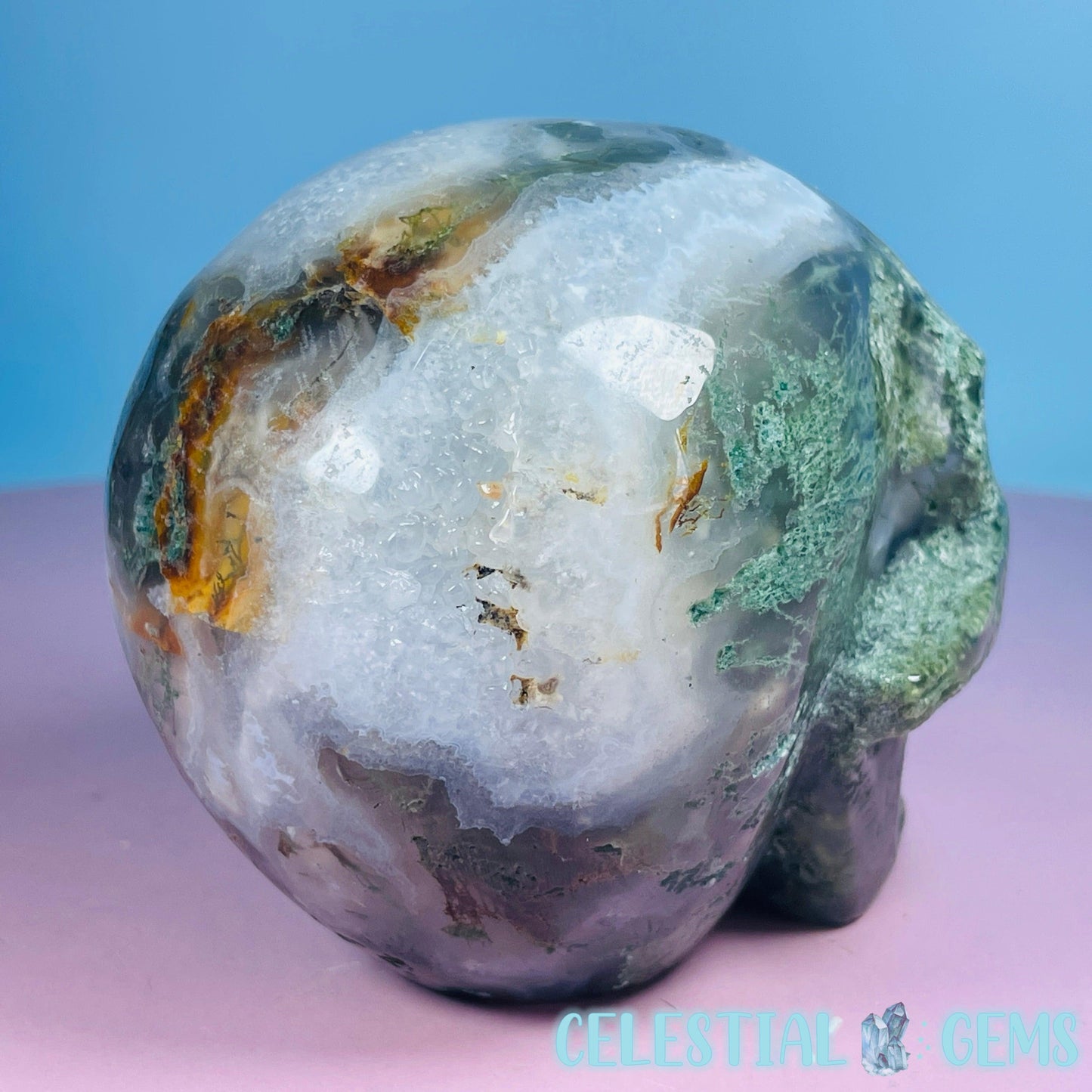 Moss Agate Skull Medium Carving