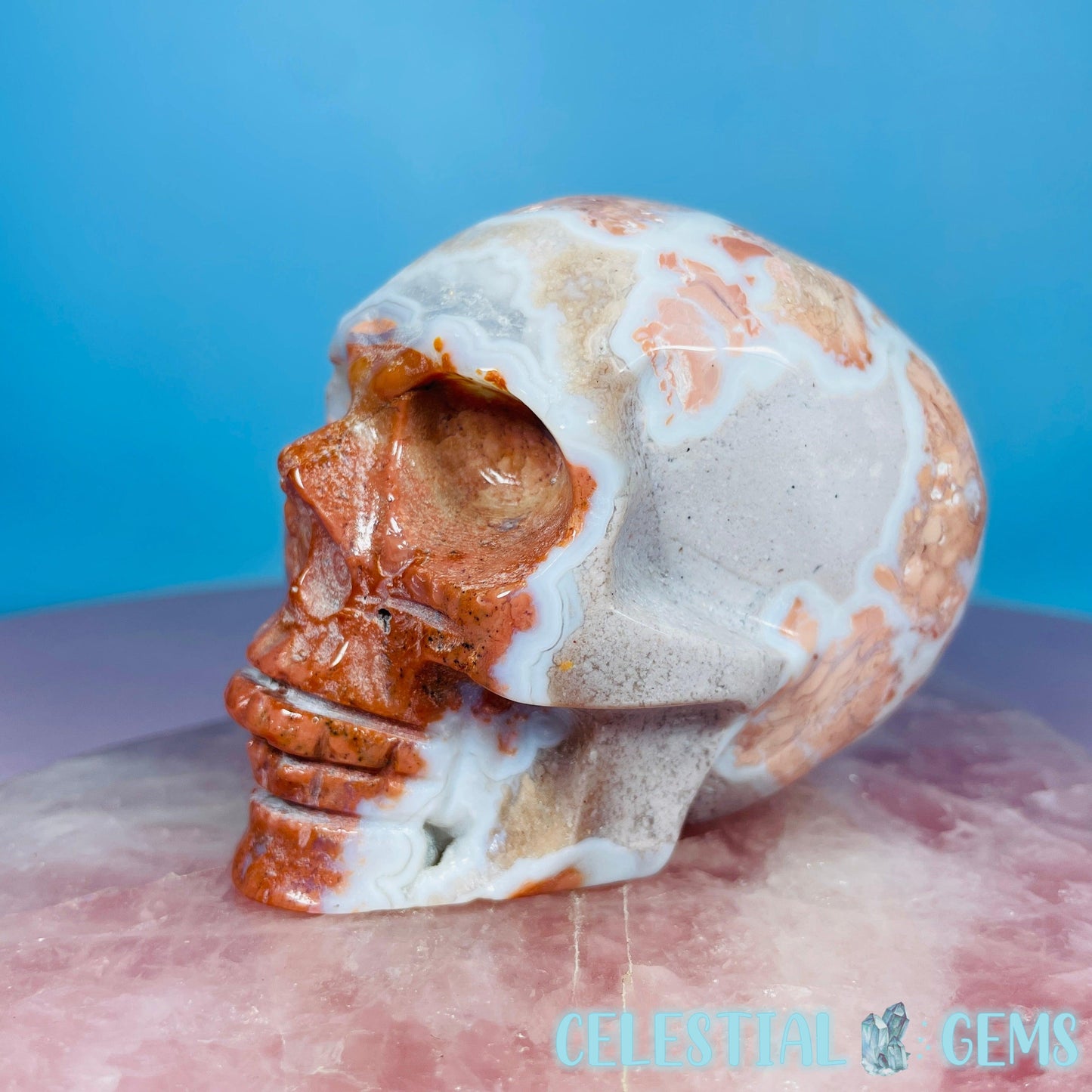 Pink Moss Agate Druzy Skull Medium Carving