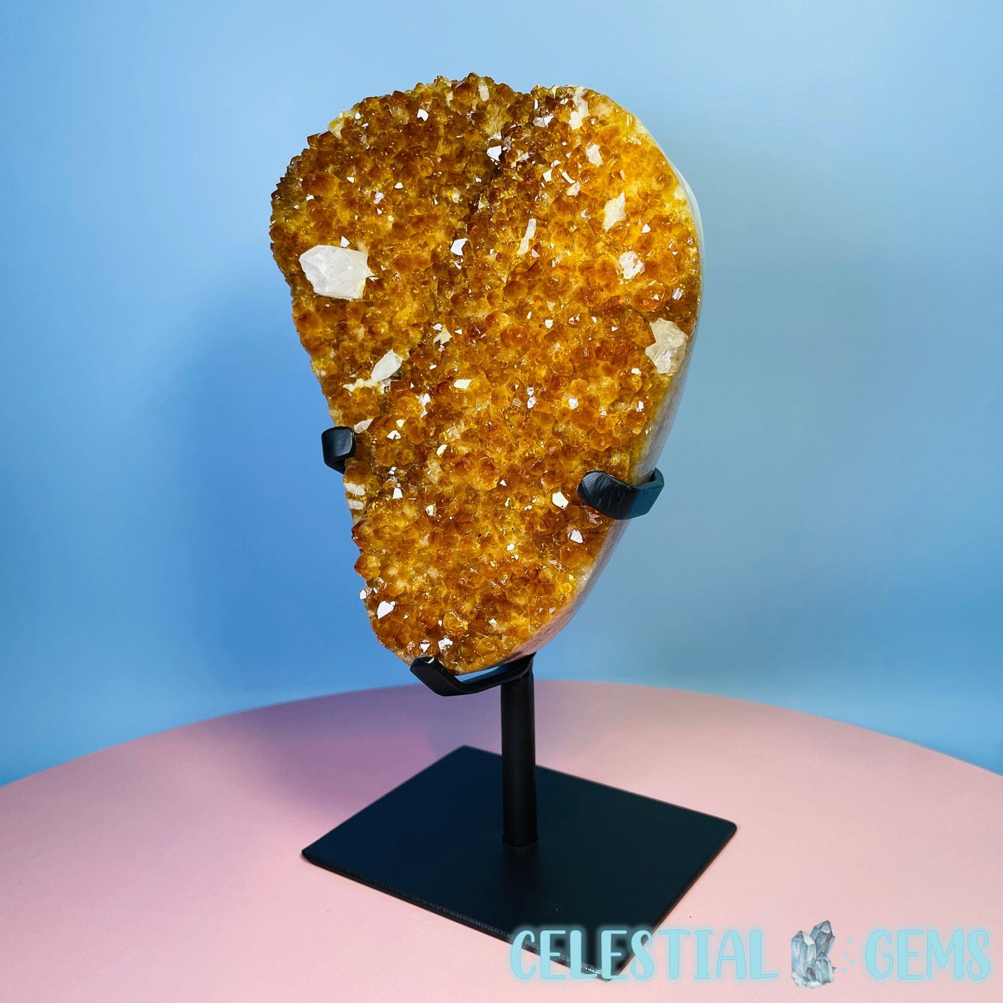 High Quality Citrine (HT) + Calcite Polished Large Cluster on Metal Stand