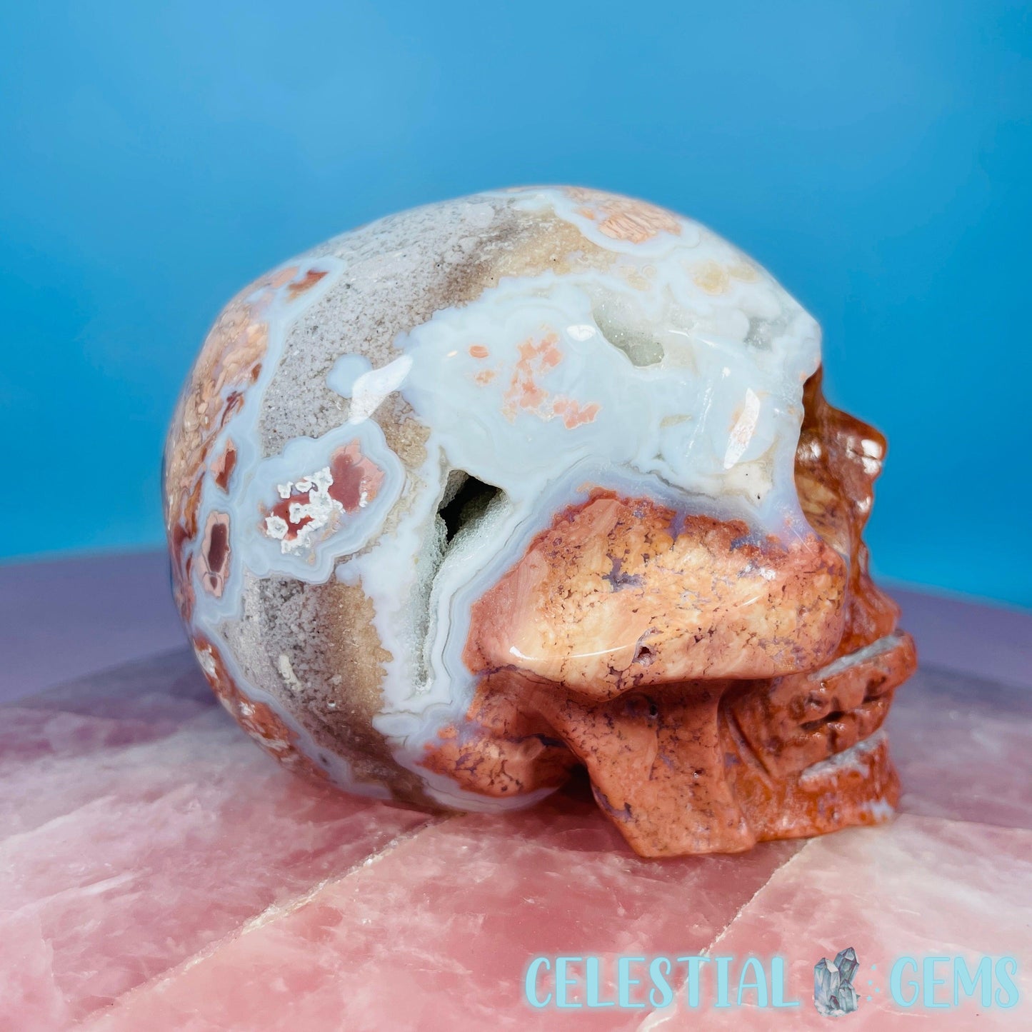 Pink Moss Agate Druzy Skull Medium Carving