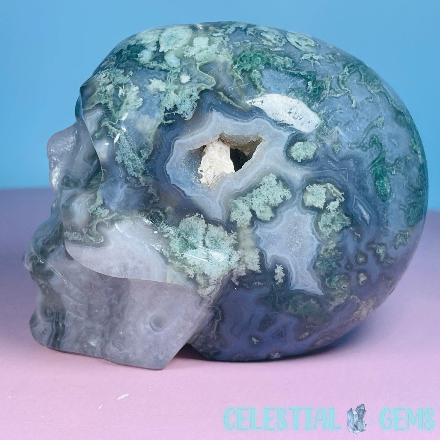 Moss Agate Skull Medium Carving