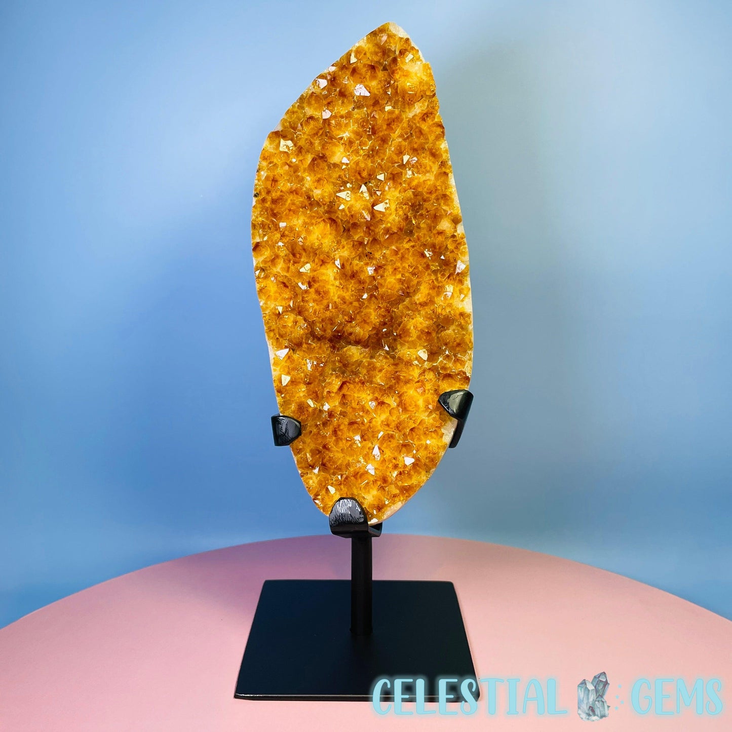 High Quality Citrine (HT) Polished Large Cluster on Metal Stand