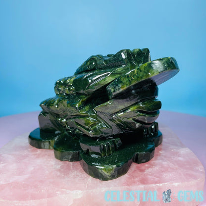 Green Jade Money Toad Frog Medium Carving (with Spinning Lucky Coin)
