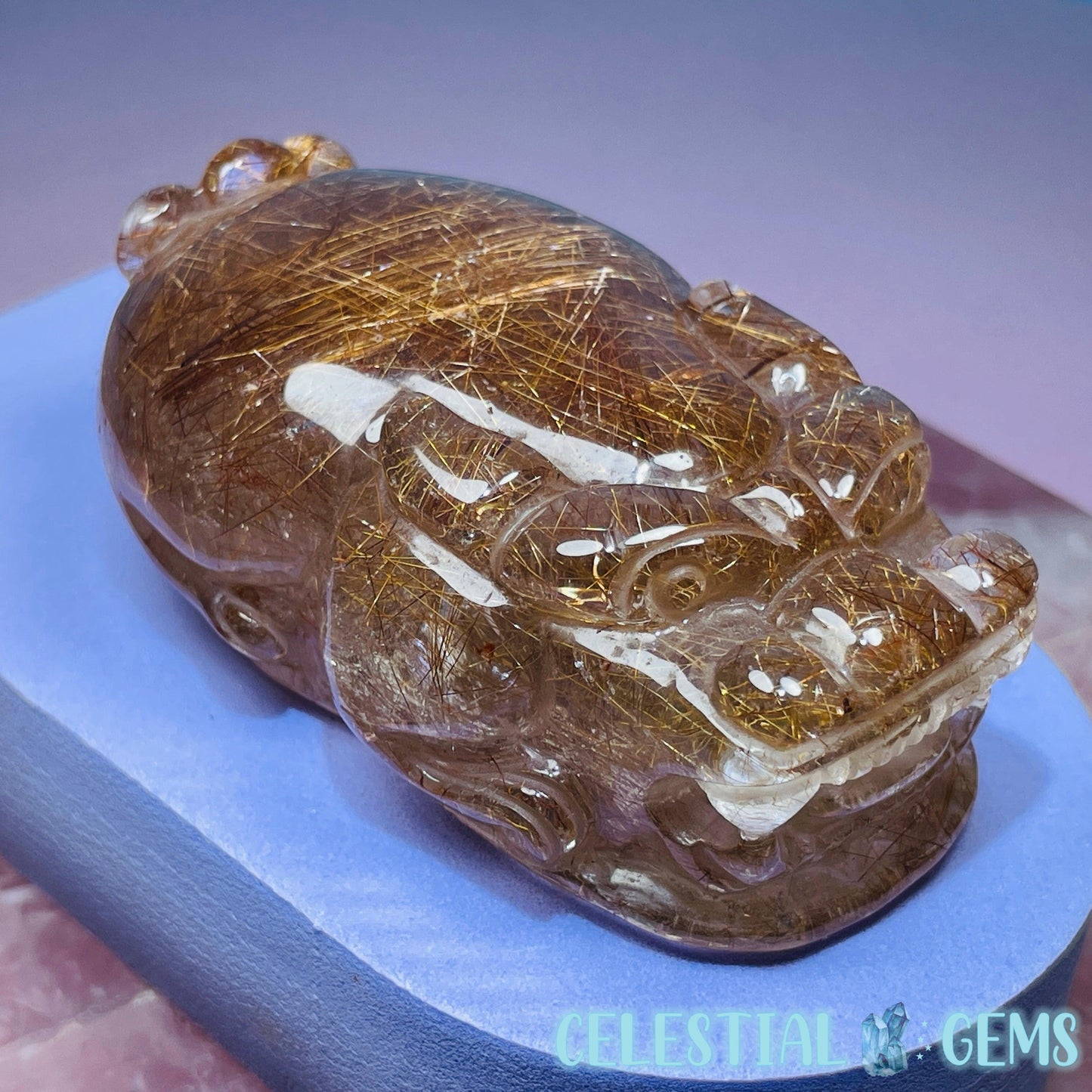 AAA Grade Red + Gold Rutilated Quartz 'Pixiu' Dragon Frog Medium Carving (Video)