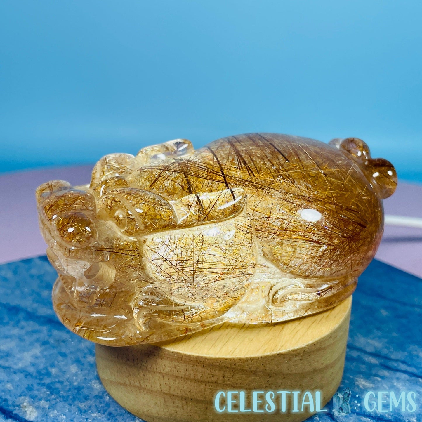 AAA Grade Red + Gold Rutilated Quartz 'Pixiu' Dragon Frog Medium Carving (Video)