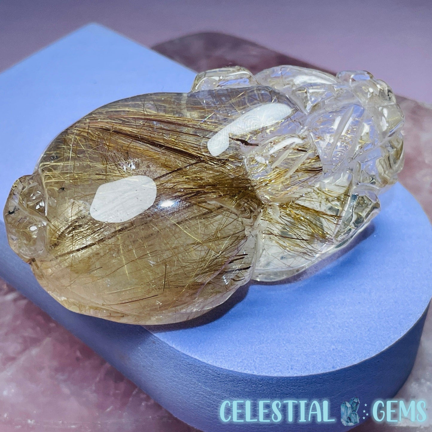 AAA Grade Gold Rutilated Quartz 'Pixiu' Dragon Frog Medium Carving (Video)