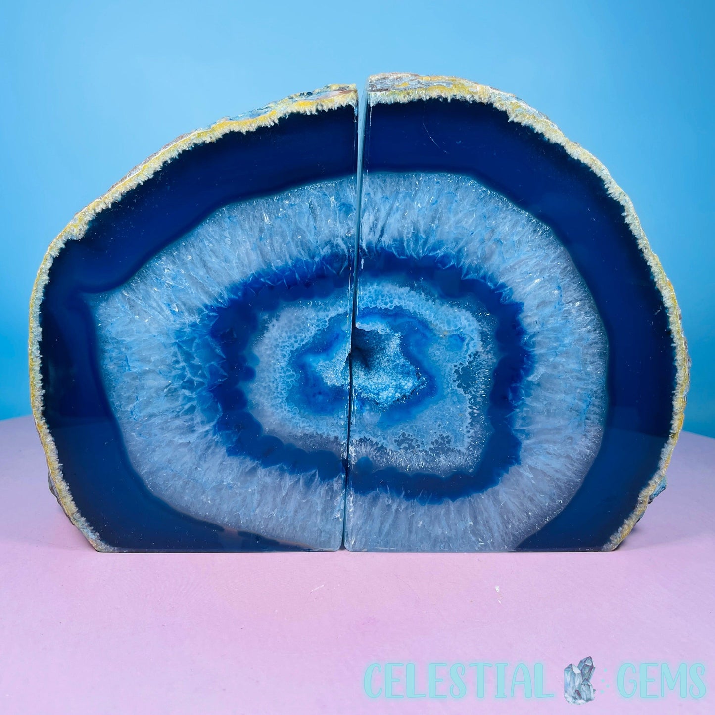 Blue Dyed Druzy Agate Large Pair of Bookends