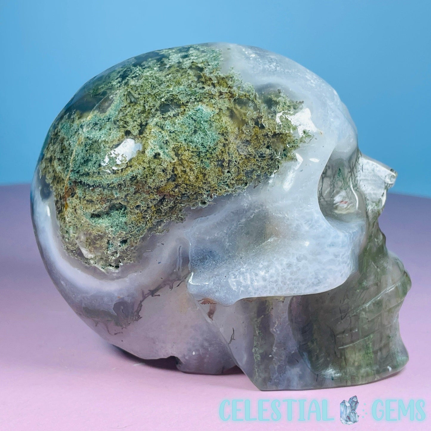 Moss Agate Skull Medium Carving