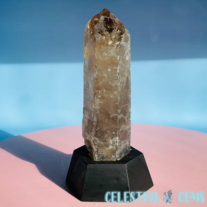 Smoky Quartz Natural Large Point in Wooden Stand Base (Video)