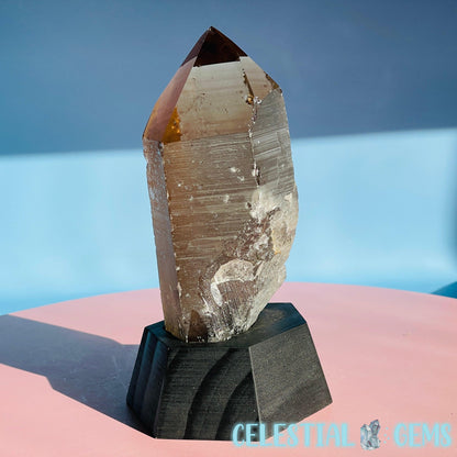 Smoky Quartz Natural Large Point in Wooden Stand Base (Video)