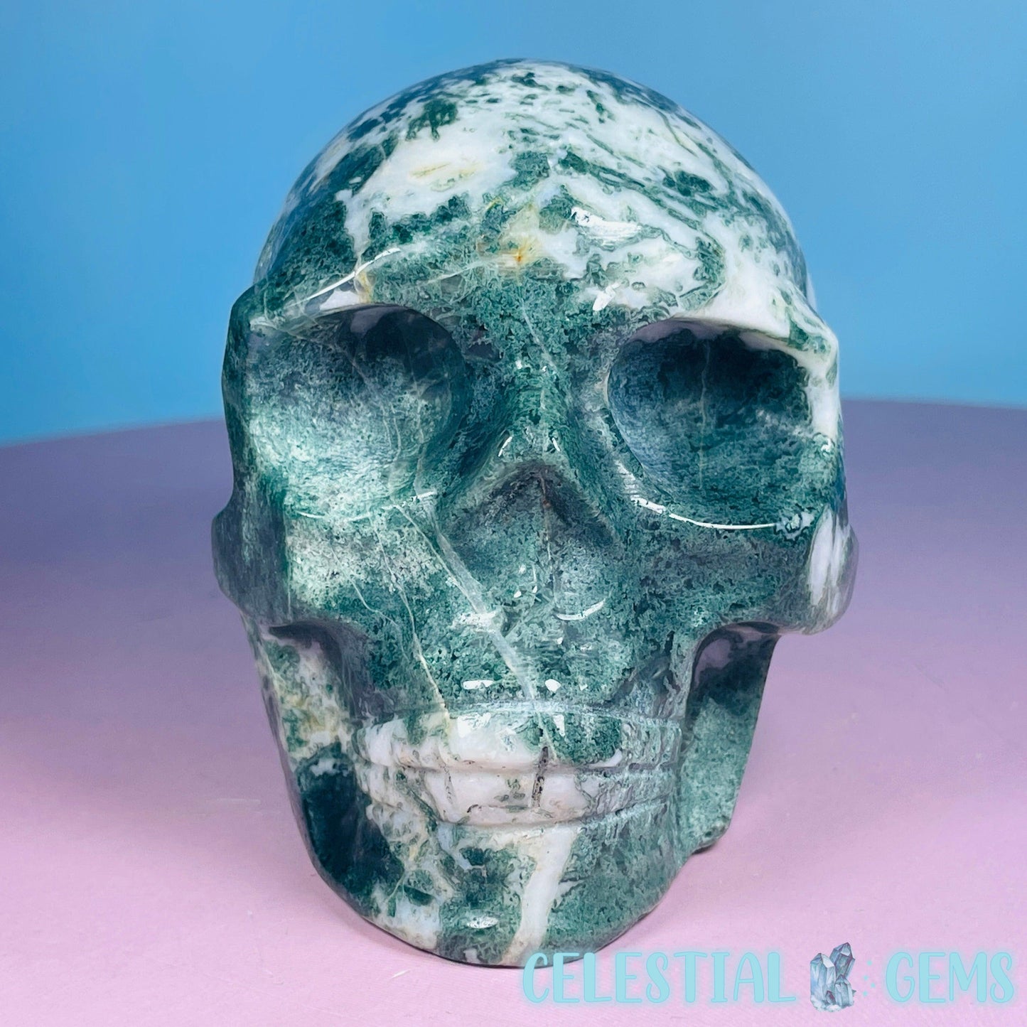 Moss Agate Skull Medium Carving