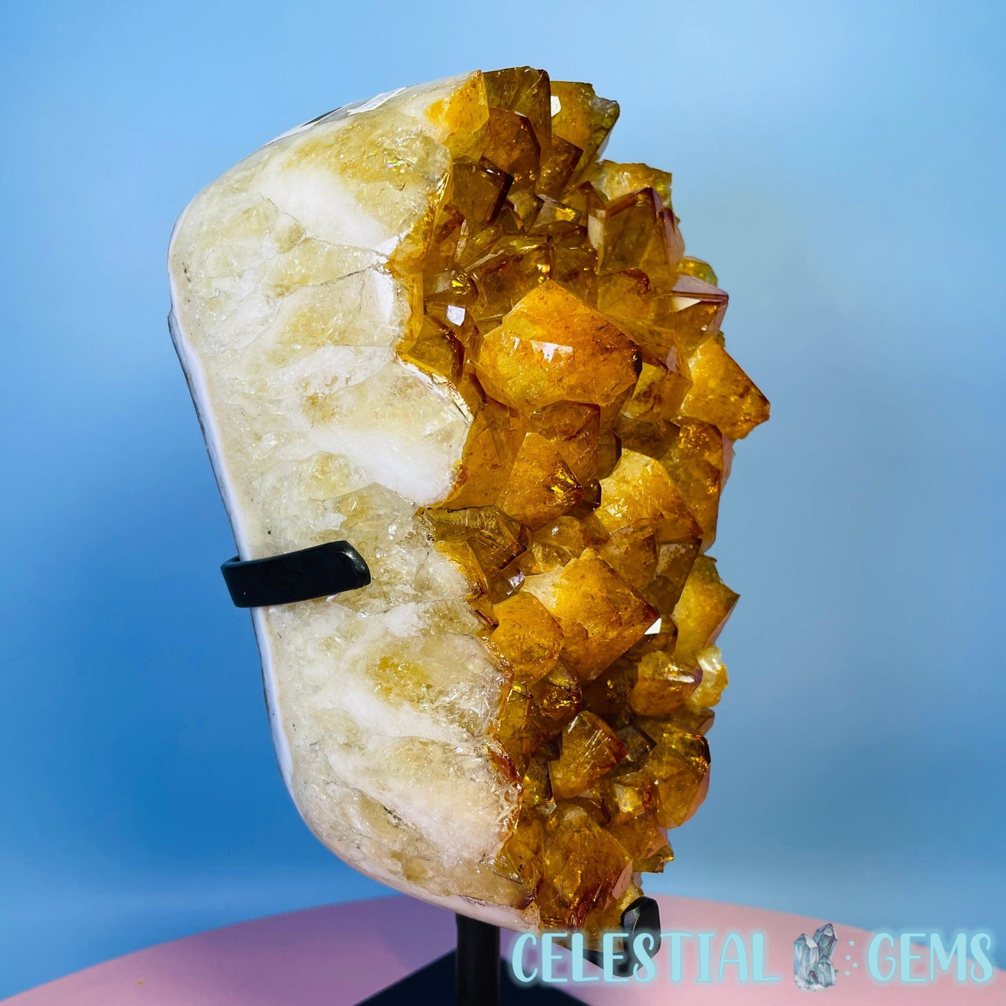 High Quality Citrine (HT) Polished Large Cluster on Metal Stand