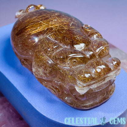 AAA Grade Red + Gold Rutilated Quartz 'Pixiu' Dragon Frog Medium Carving (Video)