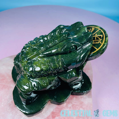Green Jade Money Toad Frog Medium Carving (with Spinning Lucky Coin)