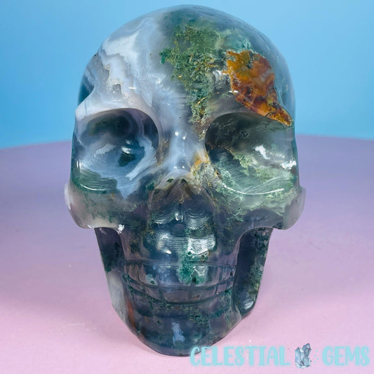 Moss Agate Skull Medium Carving