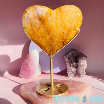 Golden Healer Quartz Heart Large Carving in Stand