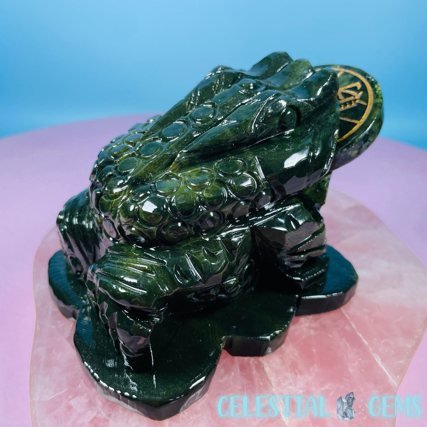 Green Jade Money Toad Frog Medium Carving (with Spinning Lucky Coin)