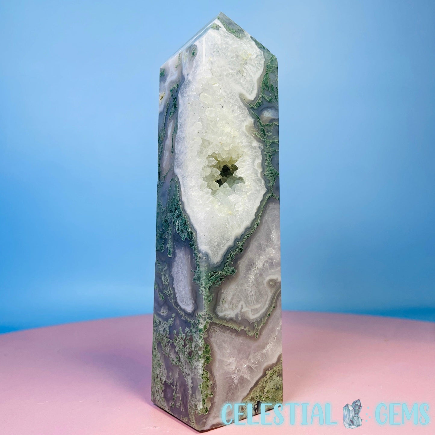 Druzy Moss Agate Obelisk Medium Chunky Tower