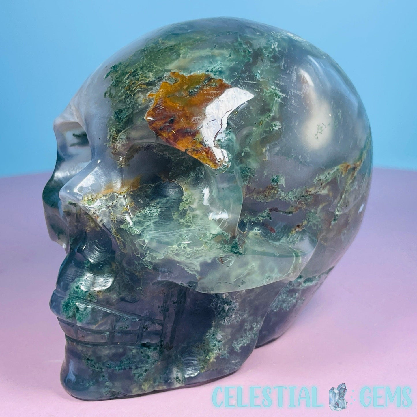 Moss Agate Skull Medium Carving