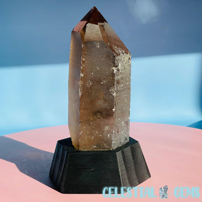 Smoky Quartz Natural Large Point in Wooden Stand Base (Video)