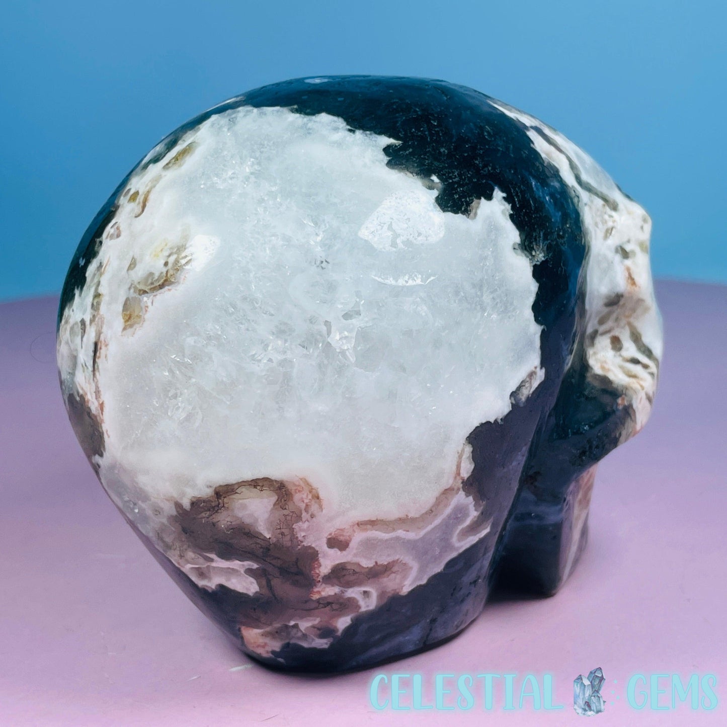 Moss Agate Skull Medium Carving