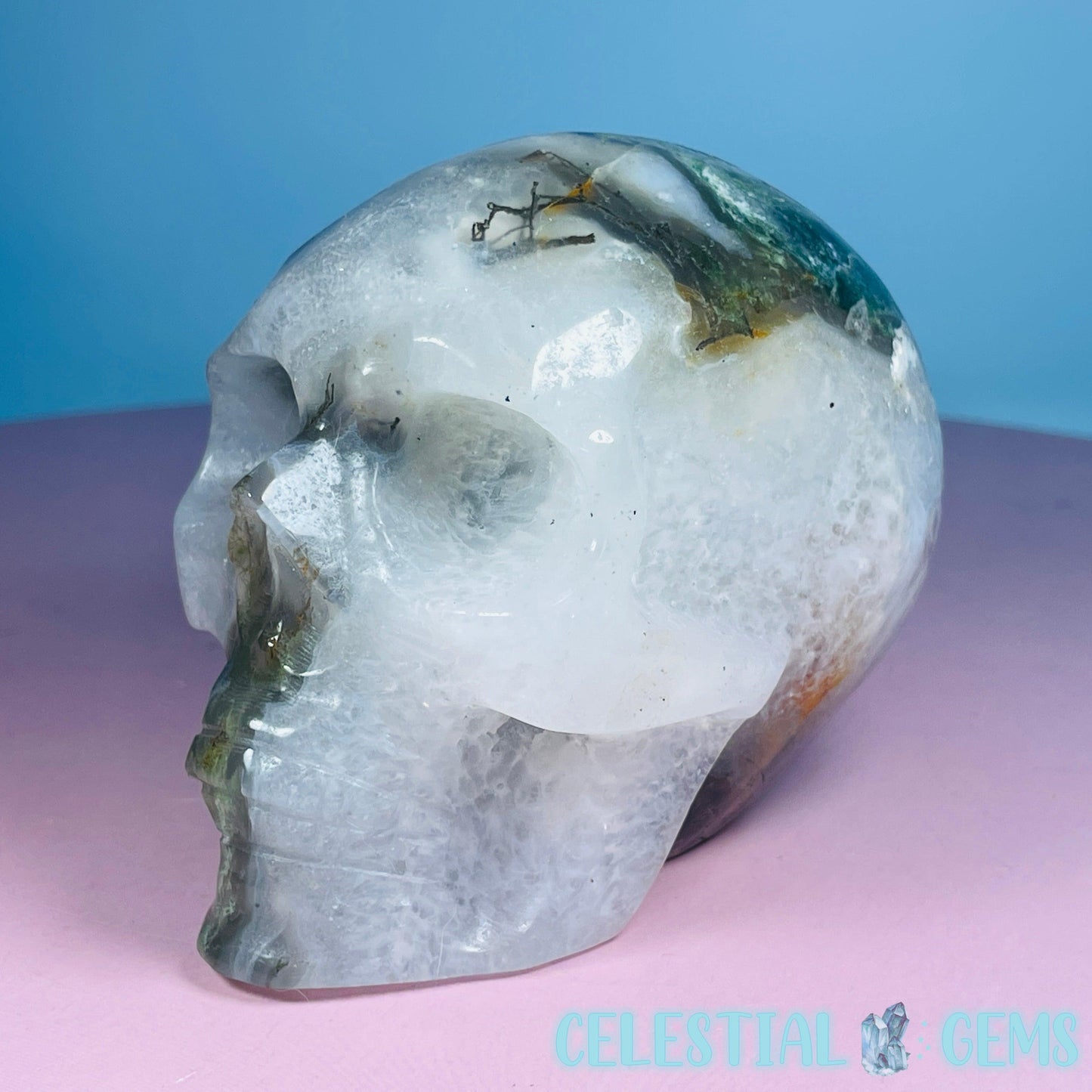 Moss Agate Skull Medium Carving