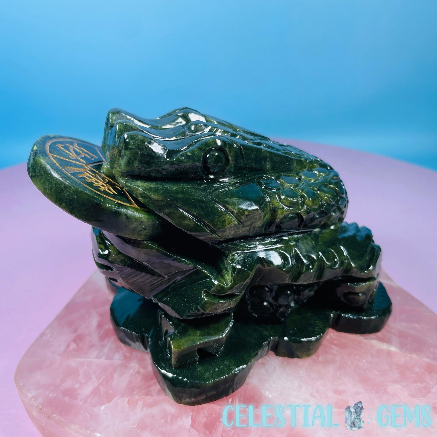 Green Jade Money Toad Frog Medium Carving (with Spinning Lucky Coin)