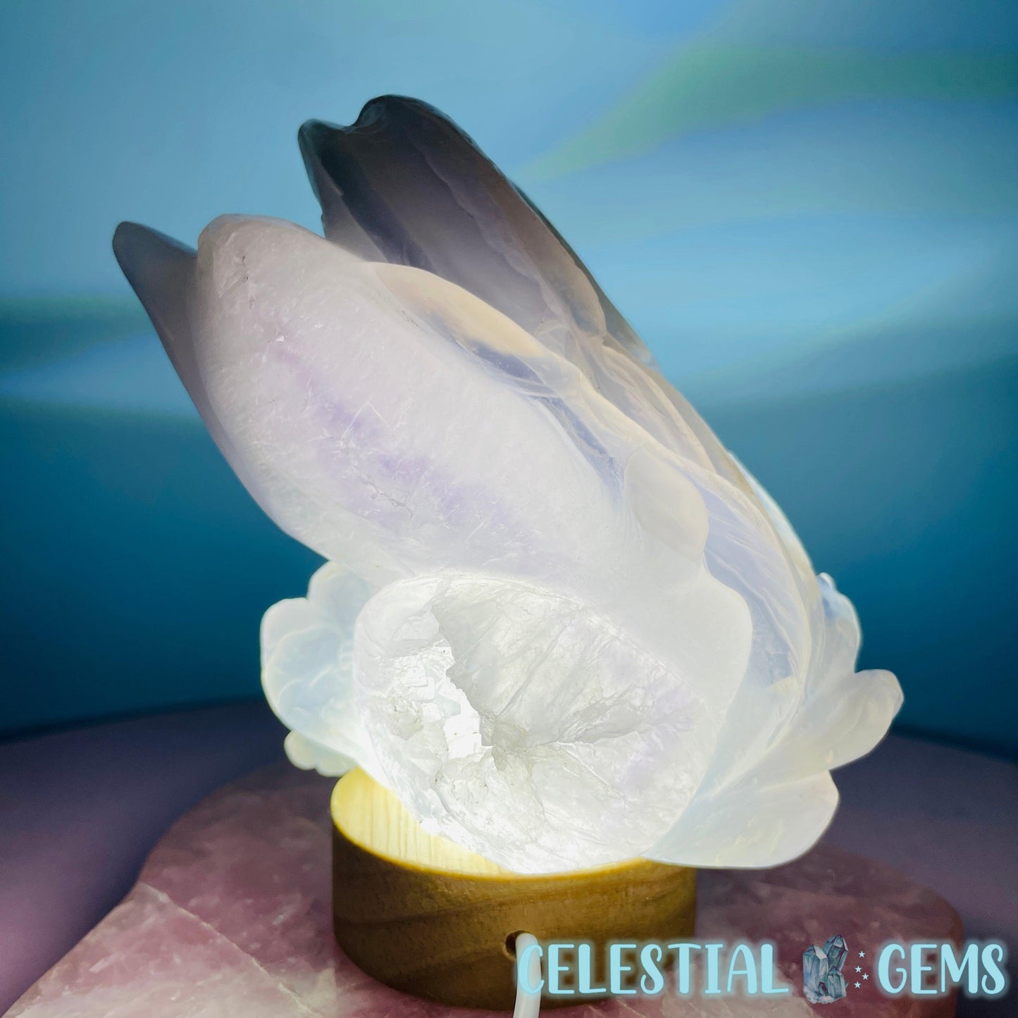 Blue Agate + Amethyst Triple Dolphin Large Carving