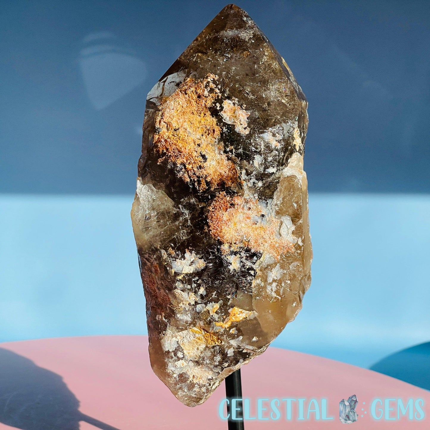 Smoky Quartz Natural Large Point on Metal Stand