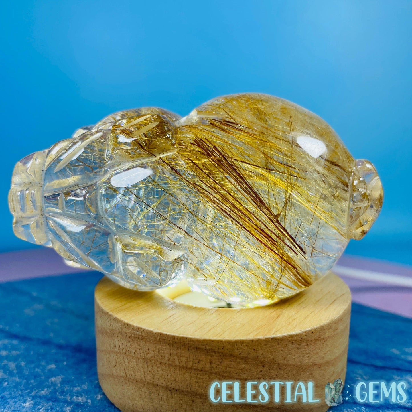 AAA Grade Gold Rutilated Quartz 'Pixiu' Dragon Frog Medium Carving (Video)