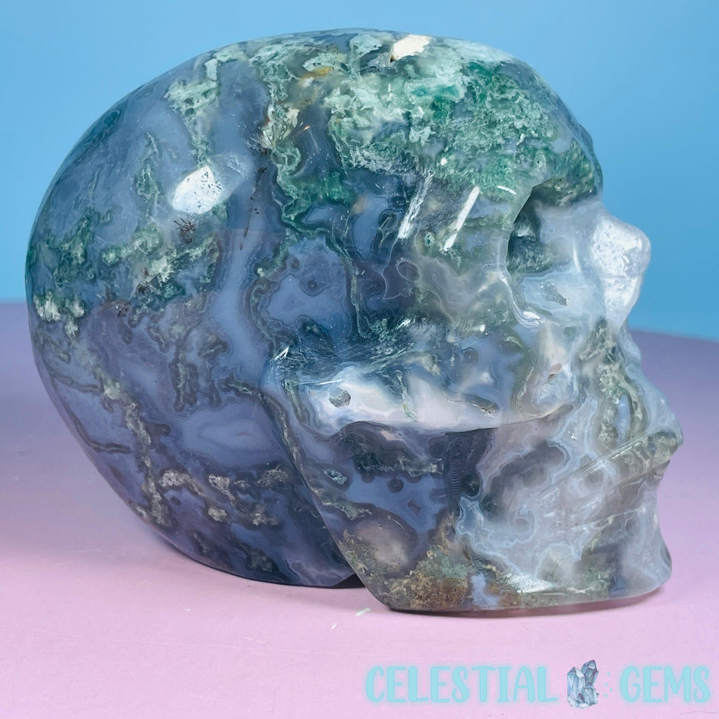 Moss Agate Skull Medium Carving