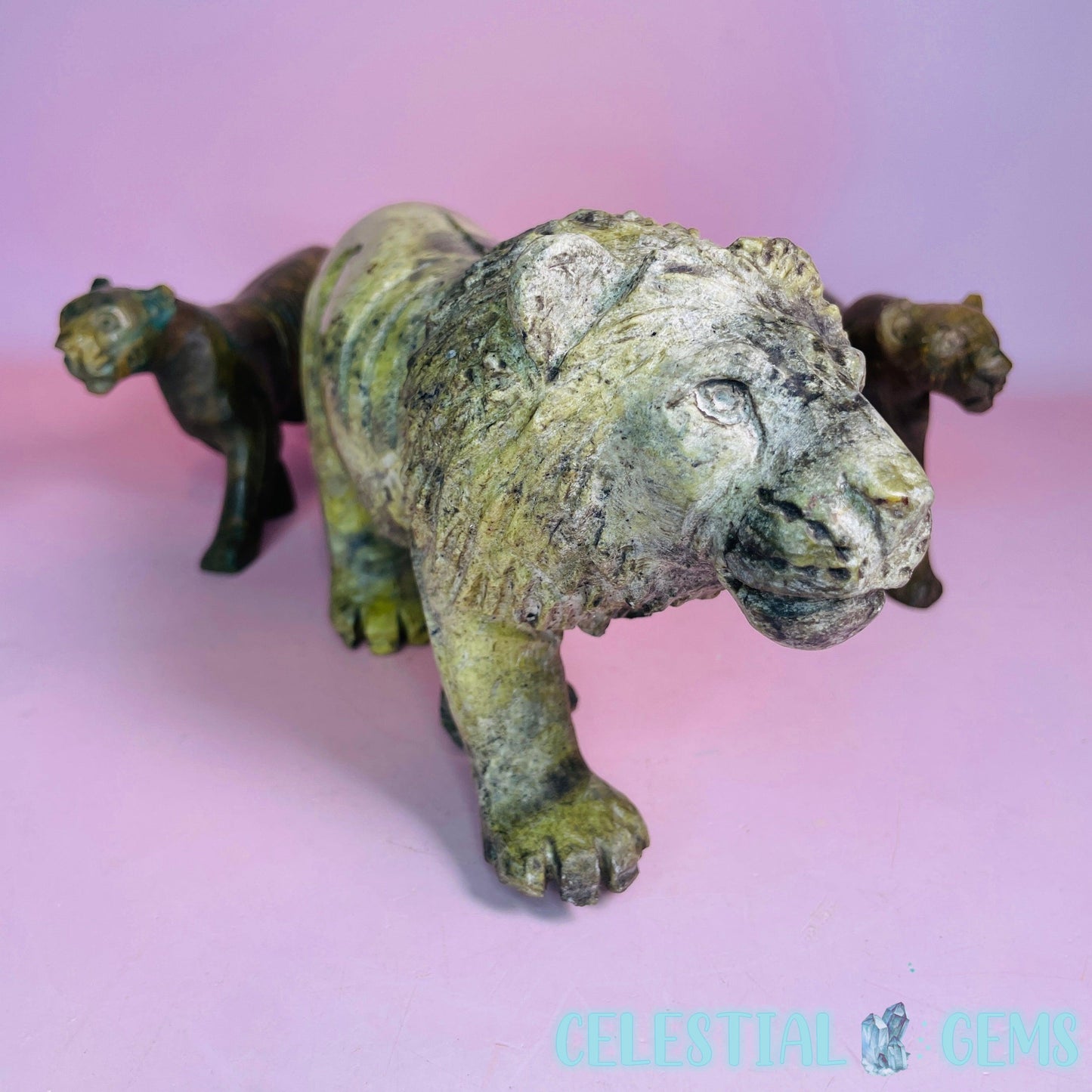 Serpentine + Verdite Lion Pride Large Carving (Set of 3)