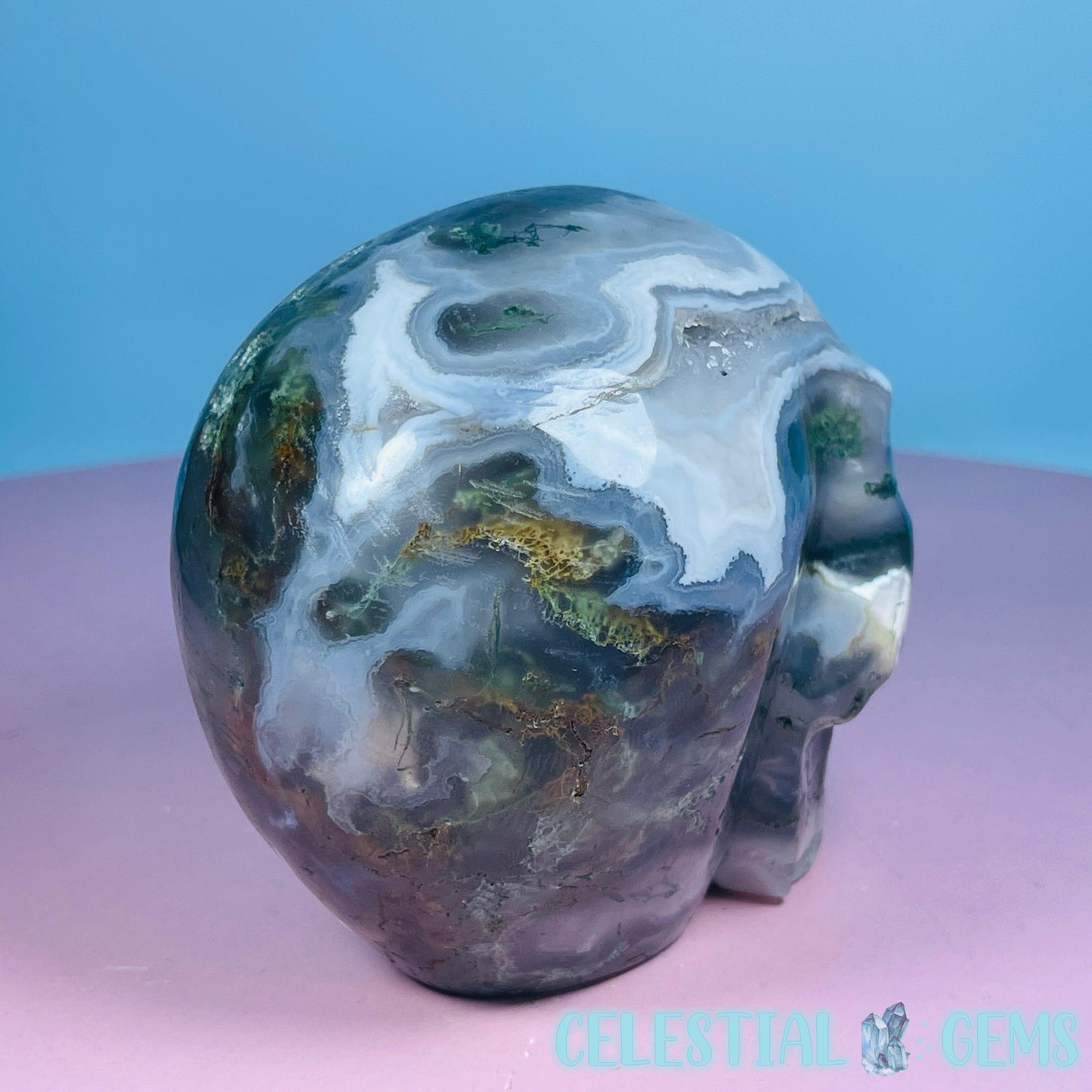 Moss Agate Skull Medium Carving