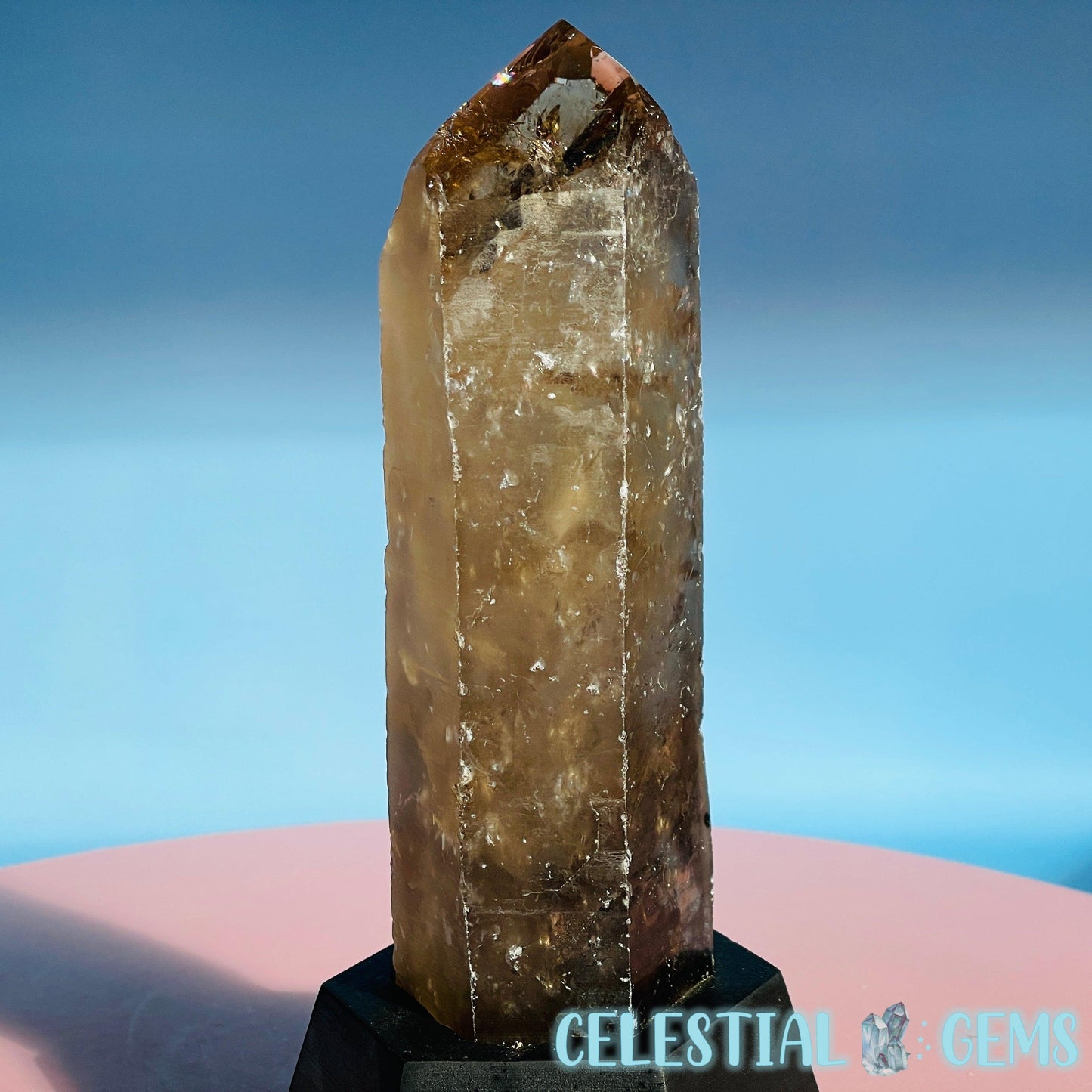 Smoky Quartz Natural Large Point in Wooden Stand Base (Video)