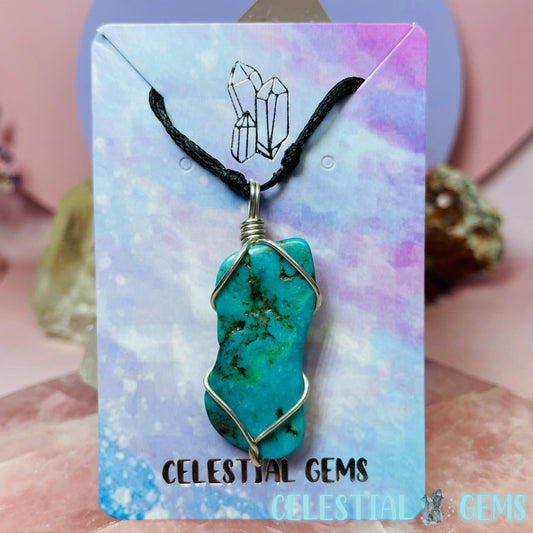 Dark American Turquoise Wire-Wrapped 925 Silver Necklace (Handmade)